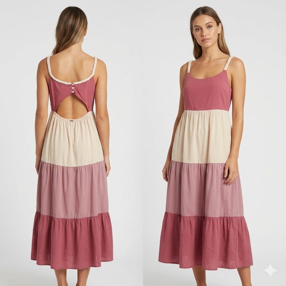 Esprit EDC Colorblock Maxi Dress Braided Straps Cutout Back L Tiered Rose Boho